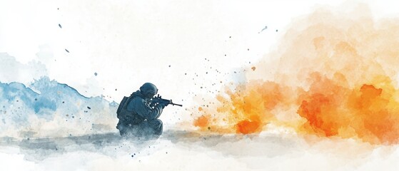 A dramatic watercolor illustration of a soldier in action amidst explosions, conveying intensity and bravery in combat.