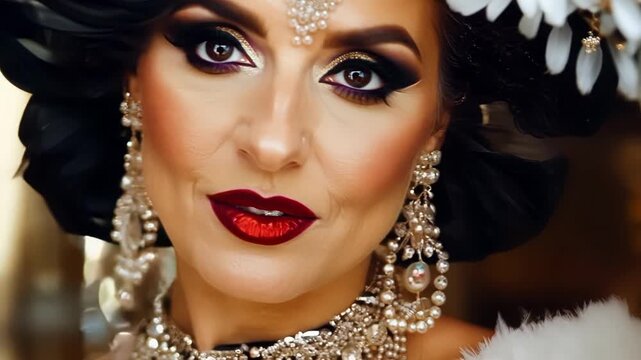 Beautiful woman with creative makeup is wearing luxury jewelry and a flower headdress while posing in an elegant interior