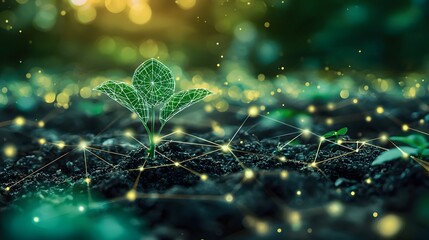 A futuristic digital plant sprouting from rich soil, symbolizing growth and innovation.