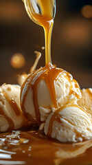 Closeup vanilla ice cream balls pouring caramel sauce topping commercial advertising photo