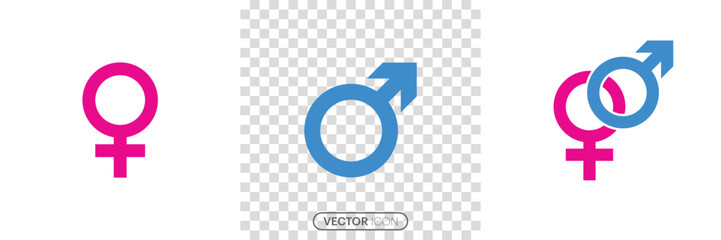  Gender symbol set. Male and female icon set of colored icons, Gender symbol with blue and pink colors. Pink symbol of female, Blue symbol of male. Vector illustration