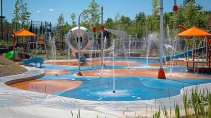 Water play area with fountains spraying water in a public park. Colorful playground equipment in the background. Recreation and leisure space for children and families. Generative by AI