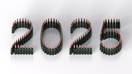 New year 2025 celebrations with military 5.45 cartridge 39mm, AK-74 rifle Kalashnikov cartridge on white background, Military Strategy and State Defense, military-themed designs, 3d rendering