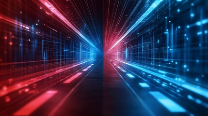 Abstract digital landscape with red and blue light beams converging.