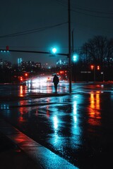 A lone figure on a rainy night, where fatigue is captured in the raindrops, sleepiness in the distant city lights, and chronic exhaustion reflected in the wet pavement.