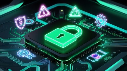 Fototapeta premium Green lock on a monitor with digital objects floating, concept of data transfer and cyber safety