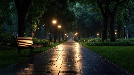 Obraz premium A quiet park at twilight, where fatigue is reflected in the fading light, sleepiness in the soft shadows, and chronic exhaustion in the still air.