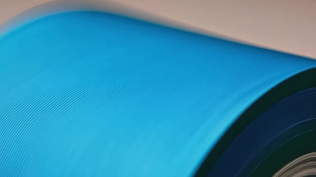 Close up of blue ink being applied to paper in a printing press, showcasing the manufacturing process of printed materials