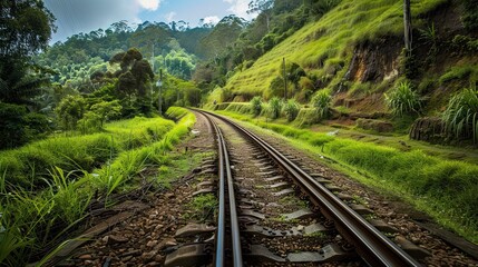 Obraz premium Aerial view of a passenger train moving through lush green forest during daylight. The train is navigating a curved track through dense vegetation. Generative by AI