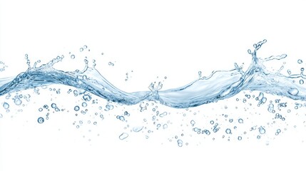 Crystal Clear Wave of Purity - Fluid Water Graphic with Droplets and Bubbles, Ideal for Clean Campaigns with Copy Space on Right