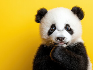 Fototapeta premium Adorable panda cub with curious expression against a bright yellow background. Perfect for themes of wildlife, nature, and animal cuteness.