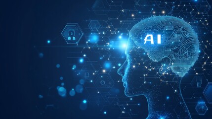 Blue backdrop with "AI" in white letters and hexagons symbolizing data circuitry, featuring a head silhouette filled with glowing lines to represent machine learning and AI.