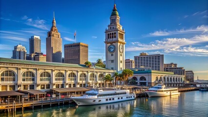 Fototapeta premium Historic clock tower of the Ferry Building Marketplace stands tall alongside the bustling San Francisco Bay waterfront with ferries docked in the background.