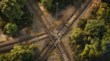 Aerial view of railway tracks intersecting in a forested area. Train track junction with multiple branching path. Generative by AI
