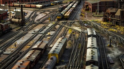 Miniature model trains on complex railway tracks at a model railway exhibit. Detailed model of train station and railways. Generative by AI