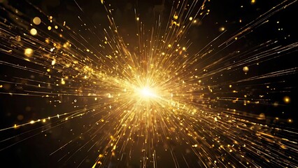 Bright explosion of golden and yellow light with black background, shiny light burst on solid black surface, abstract background