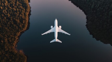 A plane flying over a serene river with reflections in the water