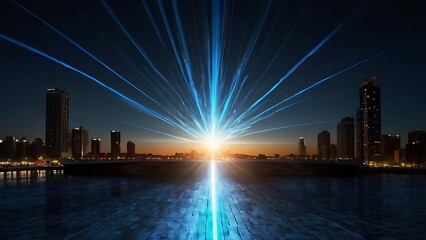 Obraz premium Bright explosion of blue light with black background, shiny light burst on solid black surface, abstract background