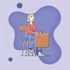 Happy student studying lesson in college classroom flat vector illustration. Young female character listening lecture in class. Education and school concept
