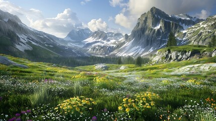Mountain meadow with flowers and snow mountains in the background