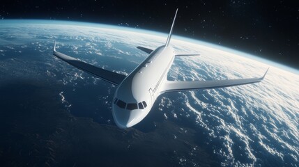A futuristic airplane soaring through space