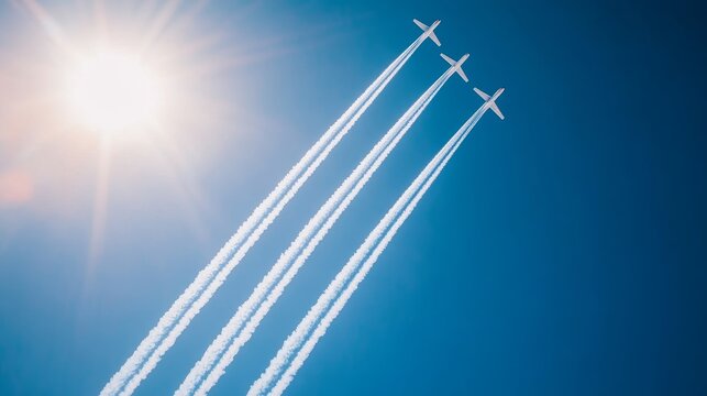 A group of airplanes performing an airshow with loops and trails