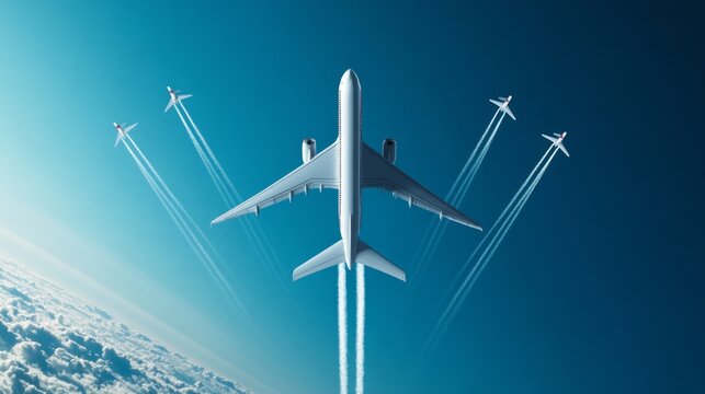 A group of airplanes performing an airshow with loops and trails