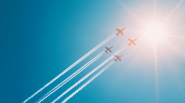 A group of airplanes performing an airshow with loops and trails