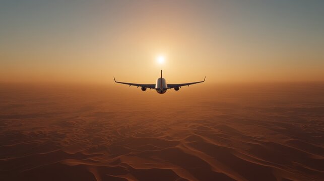 A plane flying over a desert with a bright sun in the sky