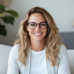 Fototapeta premium Cheerful woman with glasses smiles confidently, showcasing beauty and warmth in a cozy indoor setting.
