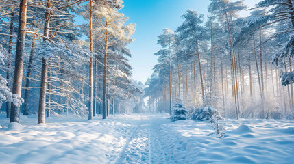 Naklejka premium Winter, Snow-covered forest with tall pine trees