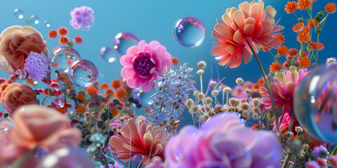 Dreamy Pastel Floral Medley with Bubbles and Sparkling Landscape Background. HD High Quality Colorful Vibrant Flower Wallpaper for Desktop, Pc, and Mobile. 8K Aquatic High-Definition Image of Flowers