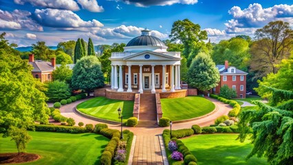 Historic neoclassical-style Rotunda building in Charlottesville, Virginia, surrounded by lush greenery and walking paths, with a sense of tranquility and academic excellence.