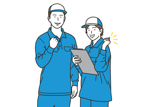 recommend clip art: ガッツポーズをする笑顔の作業員の男性と女性