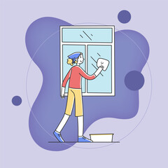 Young woman cleaning window flat vector illustration. Female cartoon character working for household and clean home. Housekeeping and house concept