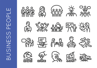 Business people icons. Set of 20 business-related trendy minimal icons. Example: Teamwork, Idea, Handshake, Meeting icon. Design signs for web page, mobile app, packaging design. Vector illustration