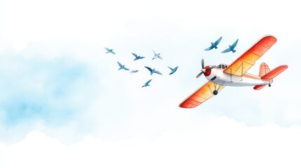 A whimsical airplane flying alongside birds