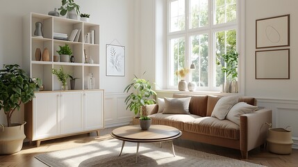 Modern living room with a brown sofa, white shelving unit, large window, and plants.