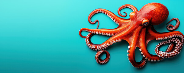 Obraz premium Bright orange octopus on a vibrant teal background, showcasing the marine creature's expressive tentacles and natural beauty.