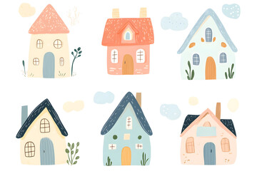 Cute adorable tiny houses watercolor collection in pink pastel colors, isolated on a white background	