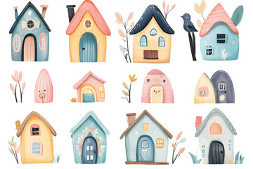 Fototapeta premium Cute adorable tiny houses watercolor collection in pink pastel colors, isolated on a white background 
