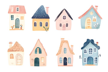 Cute adorable tiny houses watercolor collection in pink pastel colors, isolated on a white background	