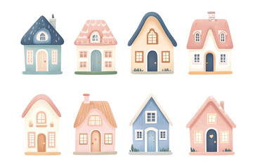 Fototapeta premium Cute adorable tiny houses watercolor collection in pink pastel colors, isolated on a white background 