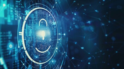 Obraz premium Binary Code and Futuristic Circles on a Blue and White Background: Digital Padlock Illustration for Cybersecurity