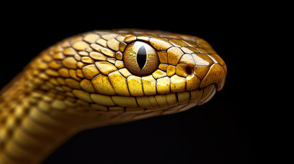 Fototapeta premium Close-up macro photograph of a golden snake's head against a black background, showcasing its scales and eye in sharp detail.