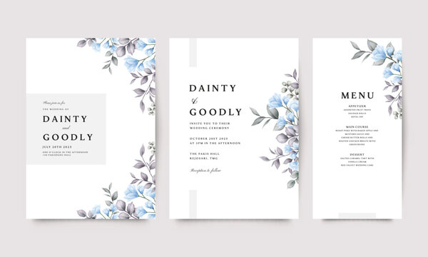 Wedding invitations with blue flowers, leaves and details of ceremony and reception.