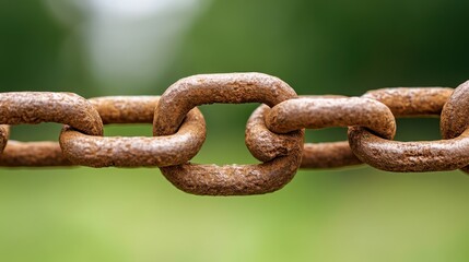 Fototapeta premium Close-up of an old, rusty chain link against a blurred green background, symbolizing strength and connection.