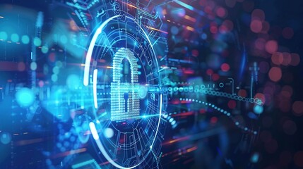 Fototapeta premium Cybersecurity Concept: Digital Padlock with Binary Code and Futuristic Circles on a Blue and White Background