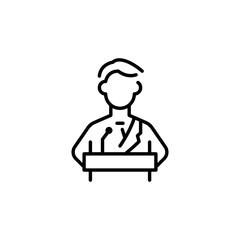 Public speaker icon. Simple public speaker icon representing a person giving a speech or presentation at a podium, perfect for social media, app, and web design. Vector illustration.