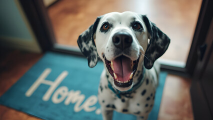 Closeup of a happy dalmatian dog smiling at the camera, standing on a blue doormat or welcome mat with the text "Home" on a floor indoors, in a house interior.